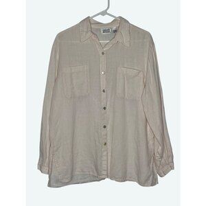 Chico's 100%‎ Linen Boxy Button Front Long Sleeve Blouse Pink SIze 2/ 12 Pockets